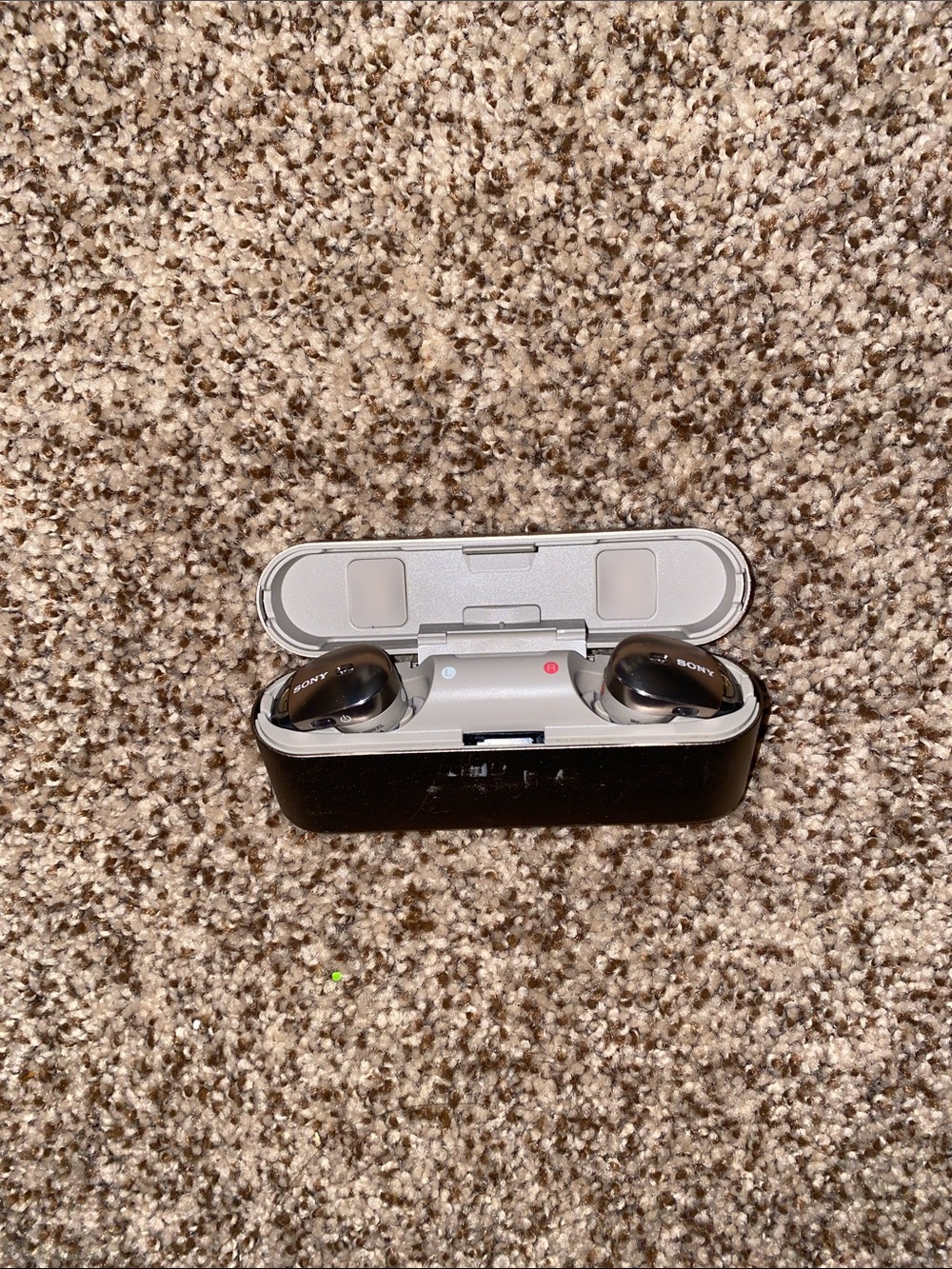 Sony Wireless Earbuds in Black and Silver Case